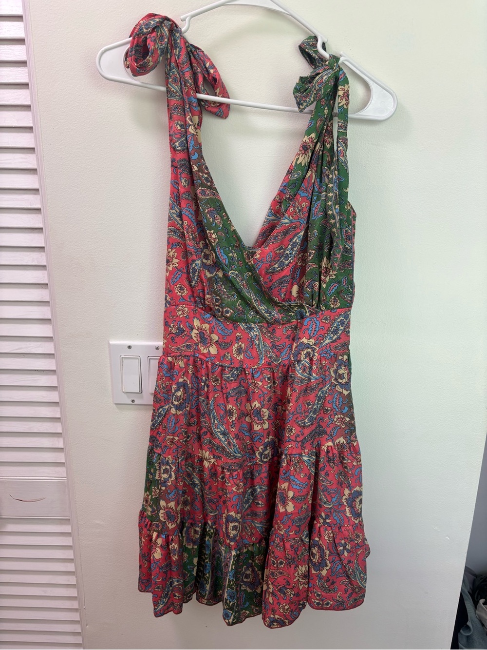 Tie-Shoulder V-Neck Mini Dress in Red & Green Floral Paisley
